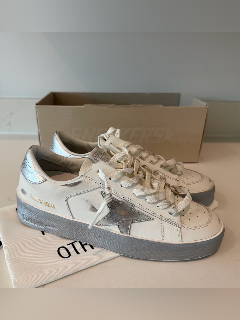 Golden Goose Stardan White Leather Sneakers with Silver Star and Heel